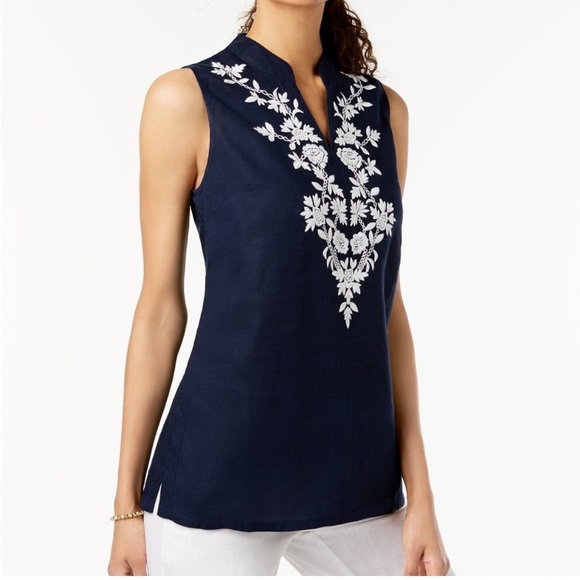Charter Club 100% Linen Navy Floral
Embroidered Tunic Intrepid Blue Size Medium - Picture 1 of 10